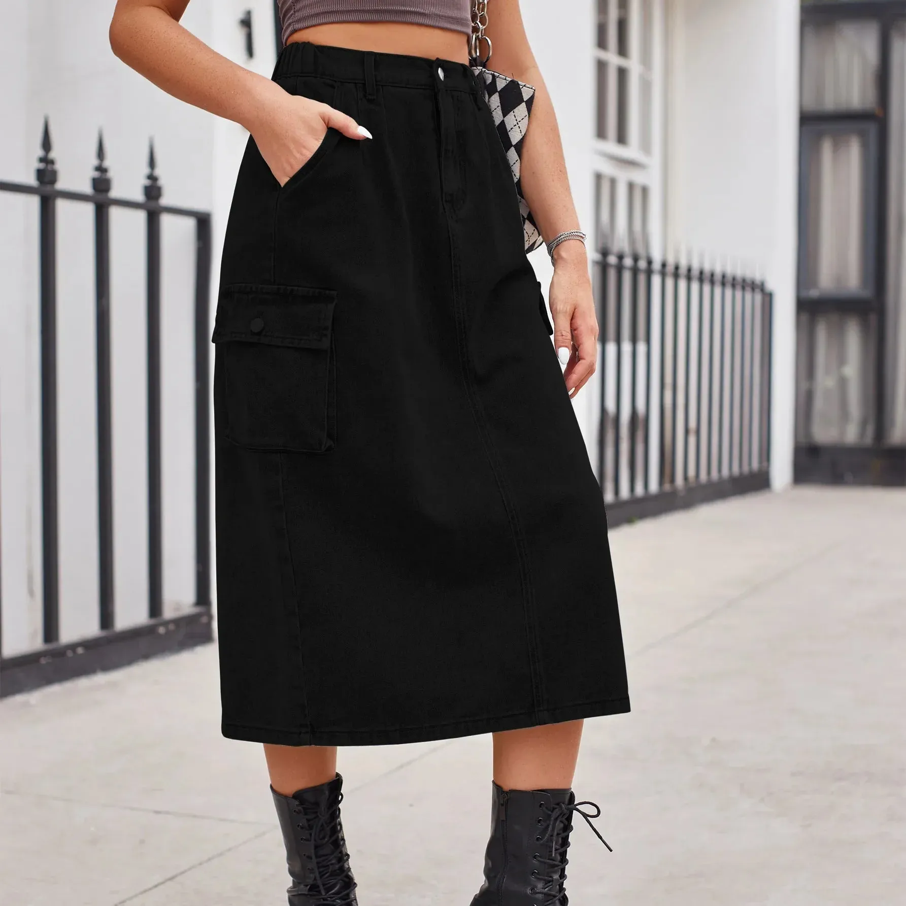 2024 Elegant Long Denim High Waist Button Pockets Split Retro Maxi Skirt