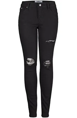 2LUV Women's Mid Rise Distressed Skinny Jeans Ripped on Thigh&Knee black1 9