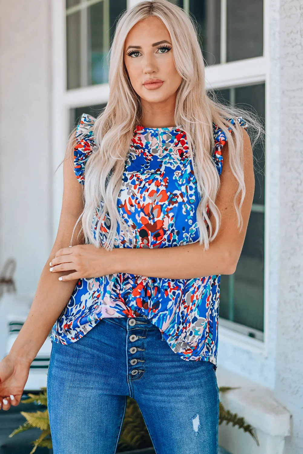 Abstract Print Ruffle Shoulder Top