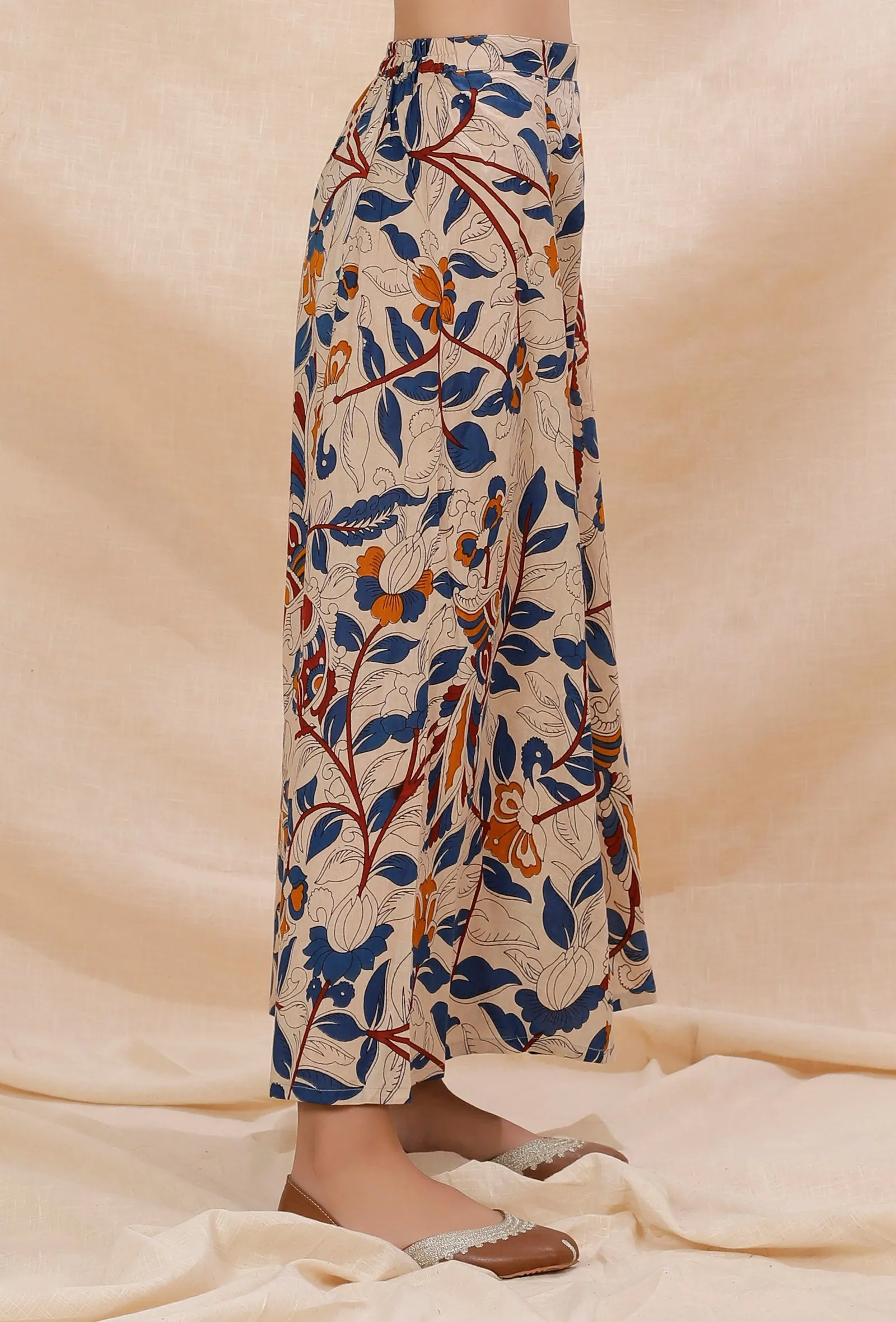 Beige Kalamkari Contrast Print Flared Cotton Pants