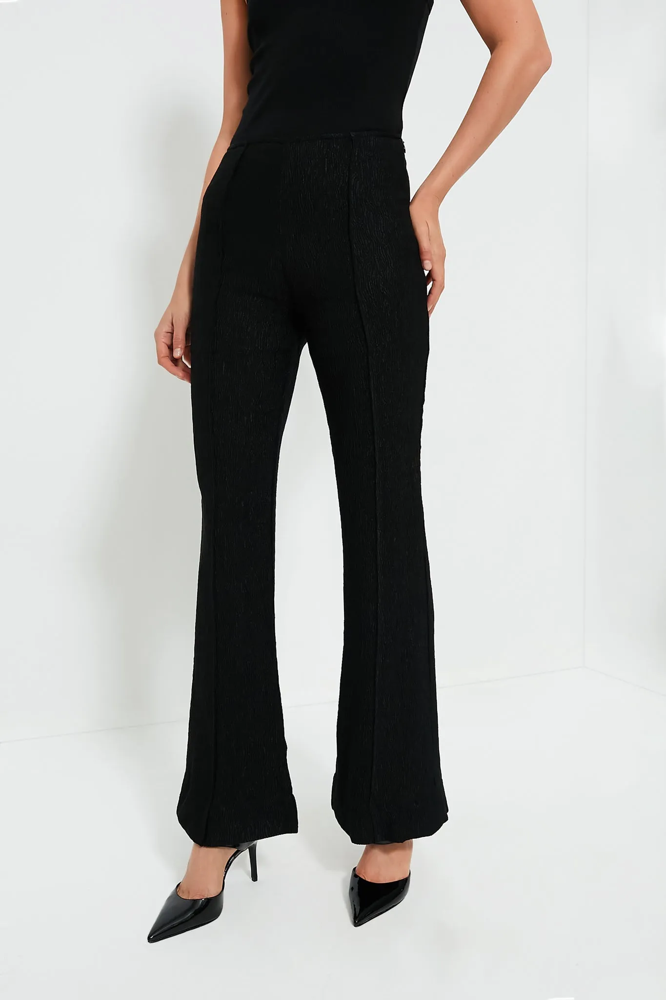 Black Viscose Stretch Crepe Flared Pants