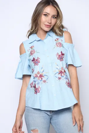 Button down cold shoulder embroidered