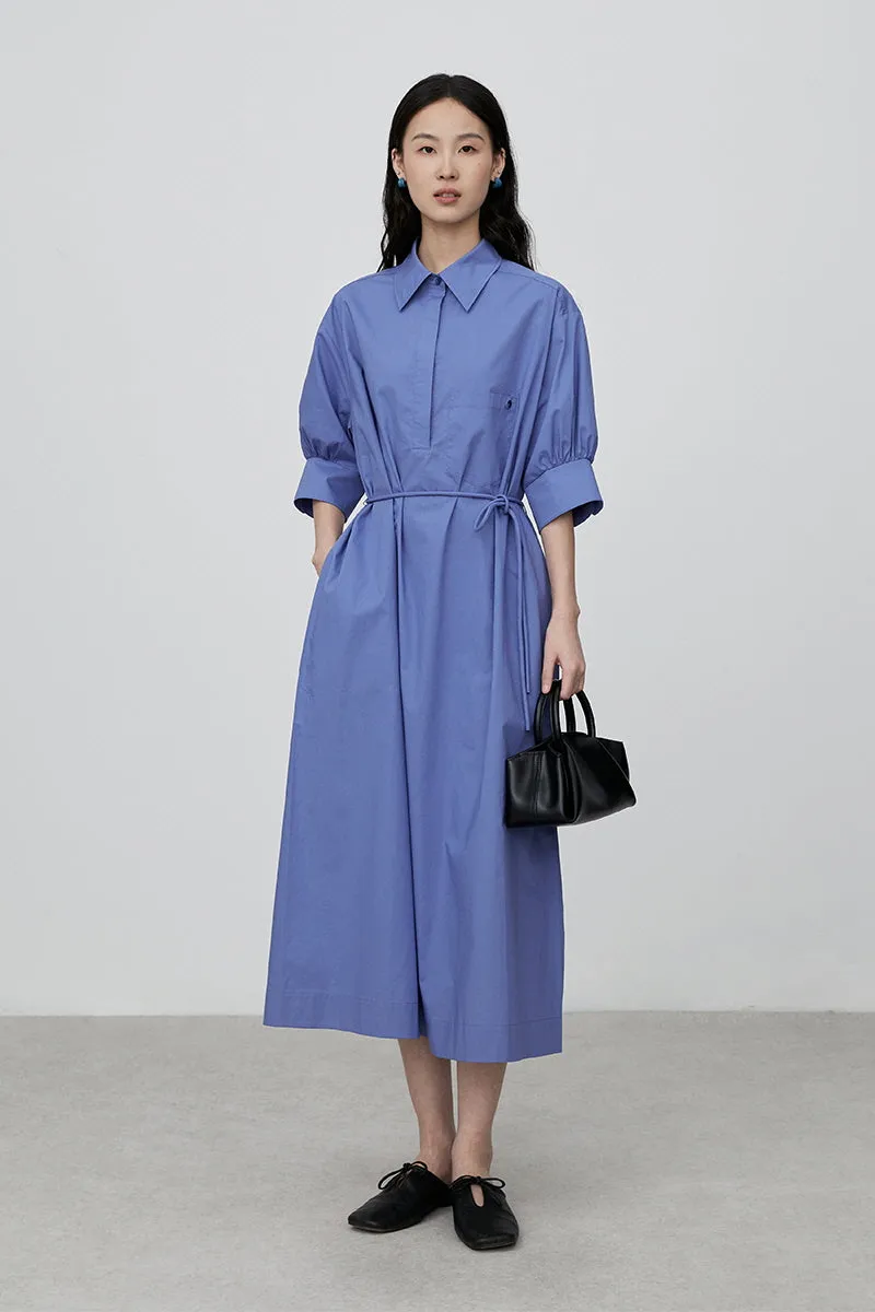 Cinched Waist Tie Slim Shirt Dress Blue Simple Design