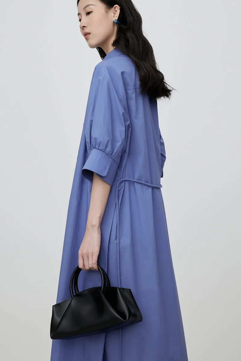 Cinched Waist Tie Slim Shirt Dress Blue Simple Design