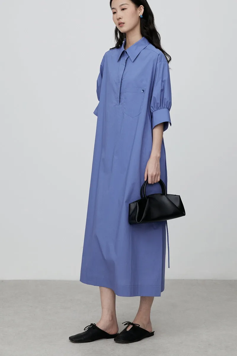 Cinched Waist Tie Slim Shirt Dress Blue Simple Design