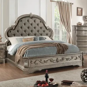 Colten King Bed w/Button Tufted Headboard, Faux Leather & Antique Silver