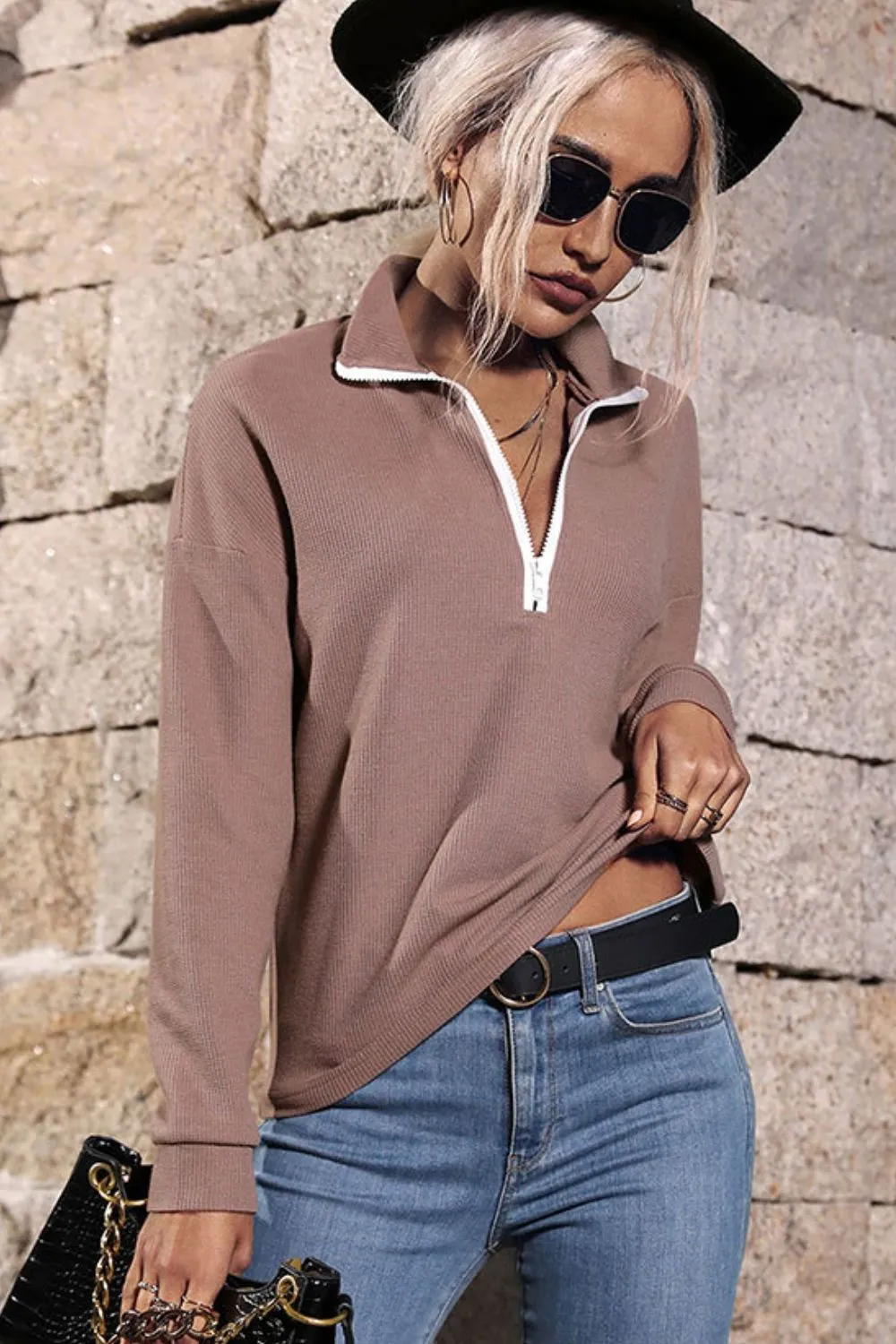 Contrast Quarter-Zip Knit Top