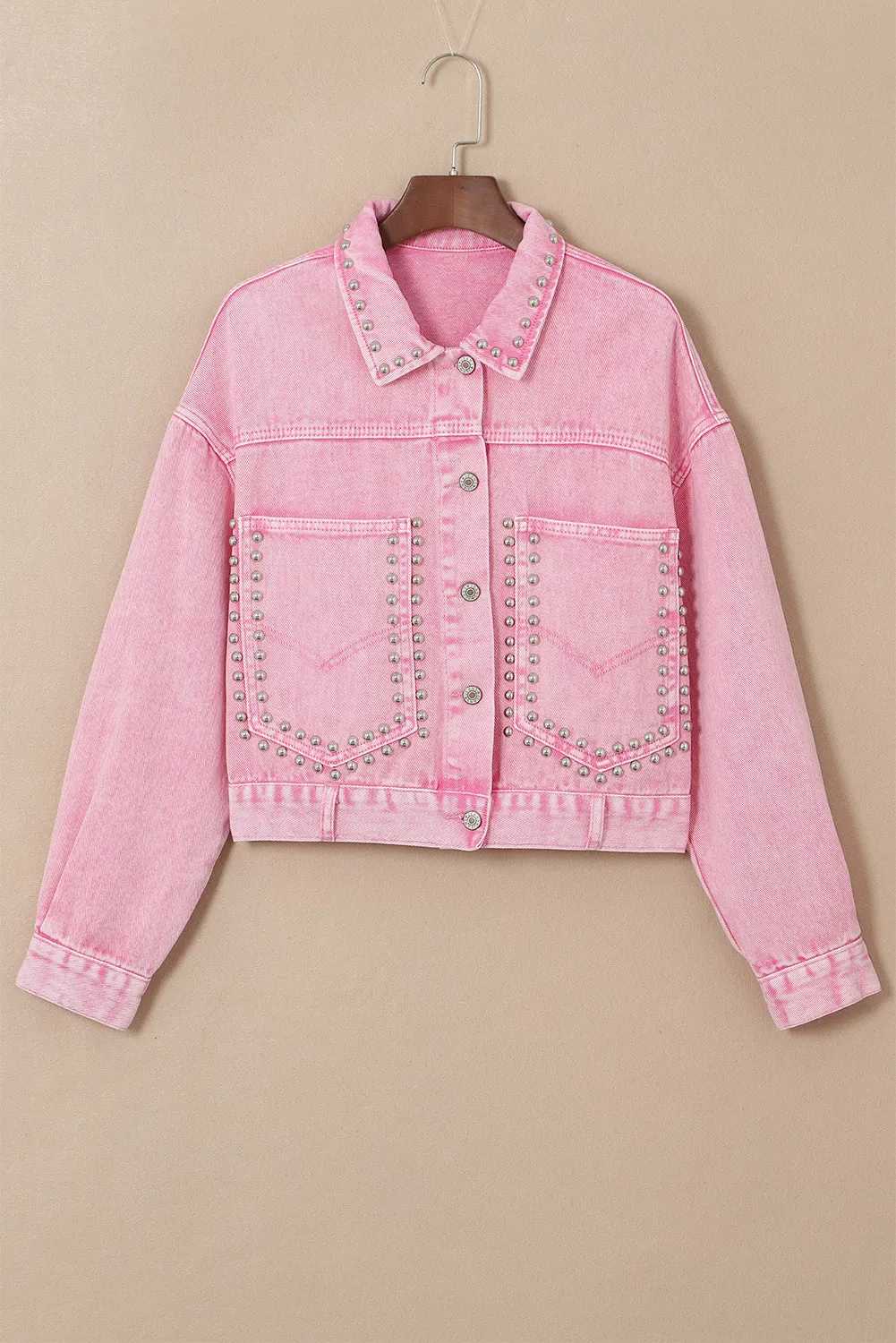 dakota rivet studded denim jacket - flaxen/ sky blue/ pink