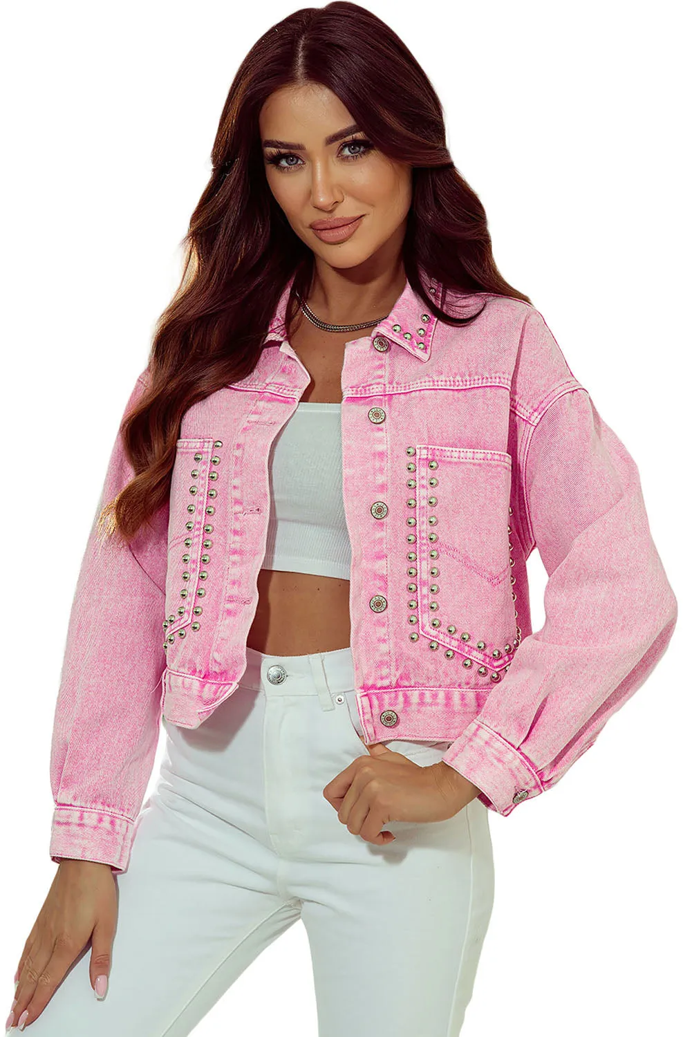 dakota rivet studded denim jacket - flaxen/ sky blue/ pink