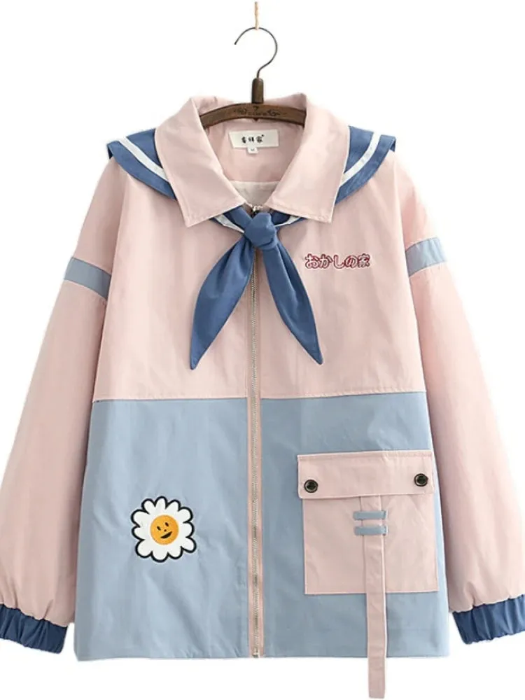 Floral Embroidery Pockets Women Jackets Autumn Loose Sailor Collar Zippers Long Sleeves Cotton Casual Kawaii Coats Outwears