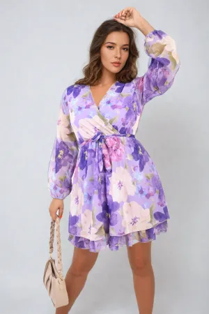 Floral Tie Front Tiered Mini Dress