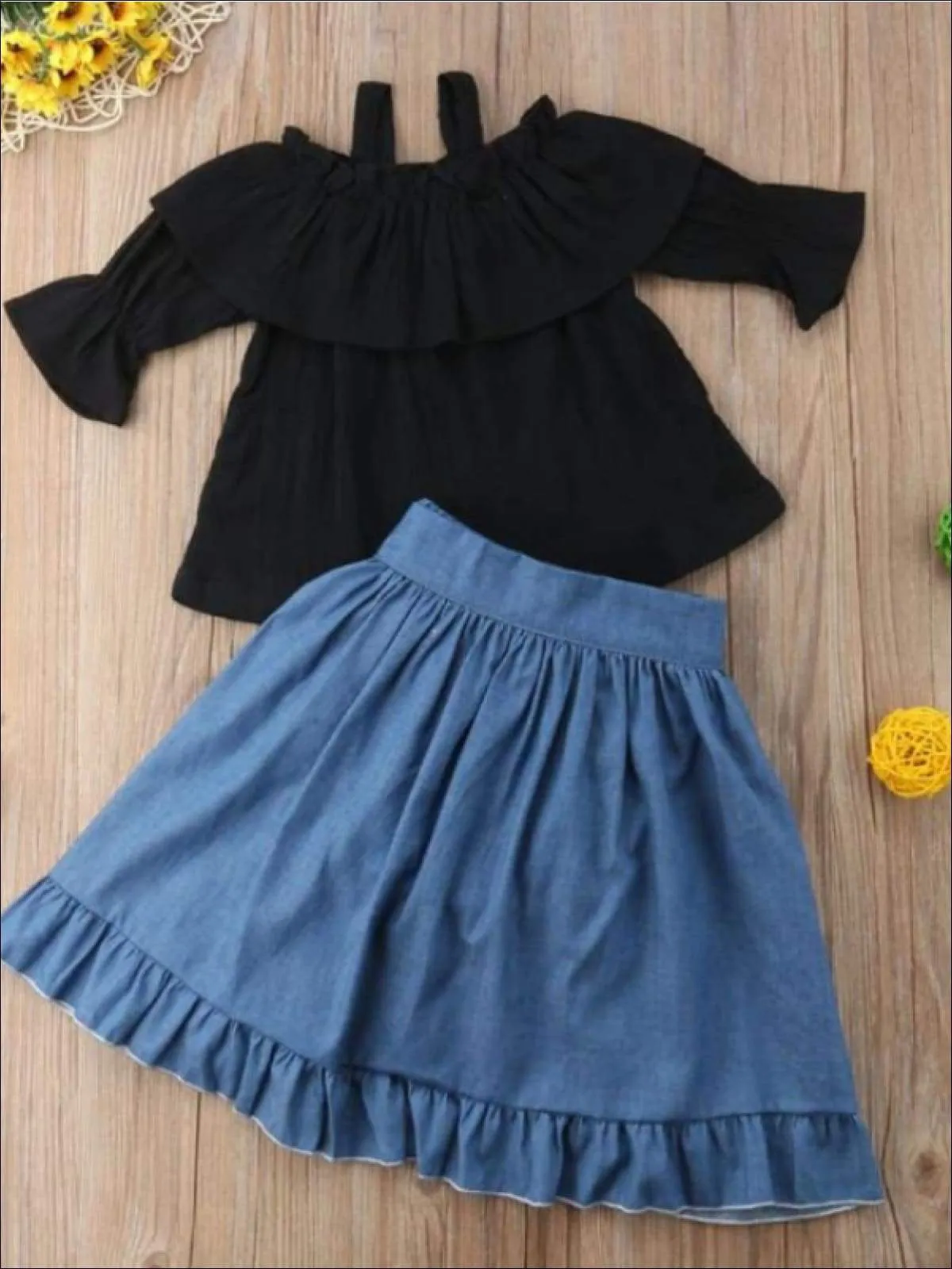 Girls Black Off The Shoulder Top With Denim Shorts and Ruffled Skirt Overlay 3 Piece Set