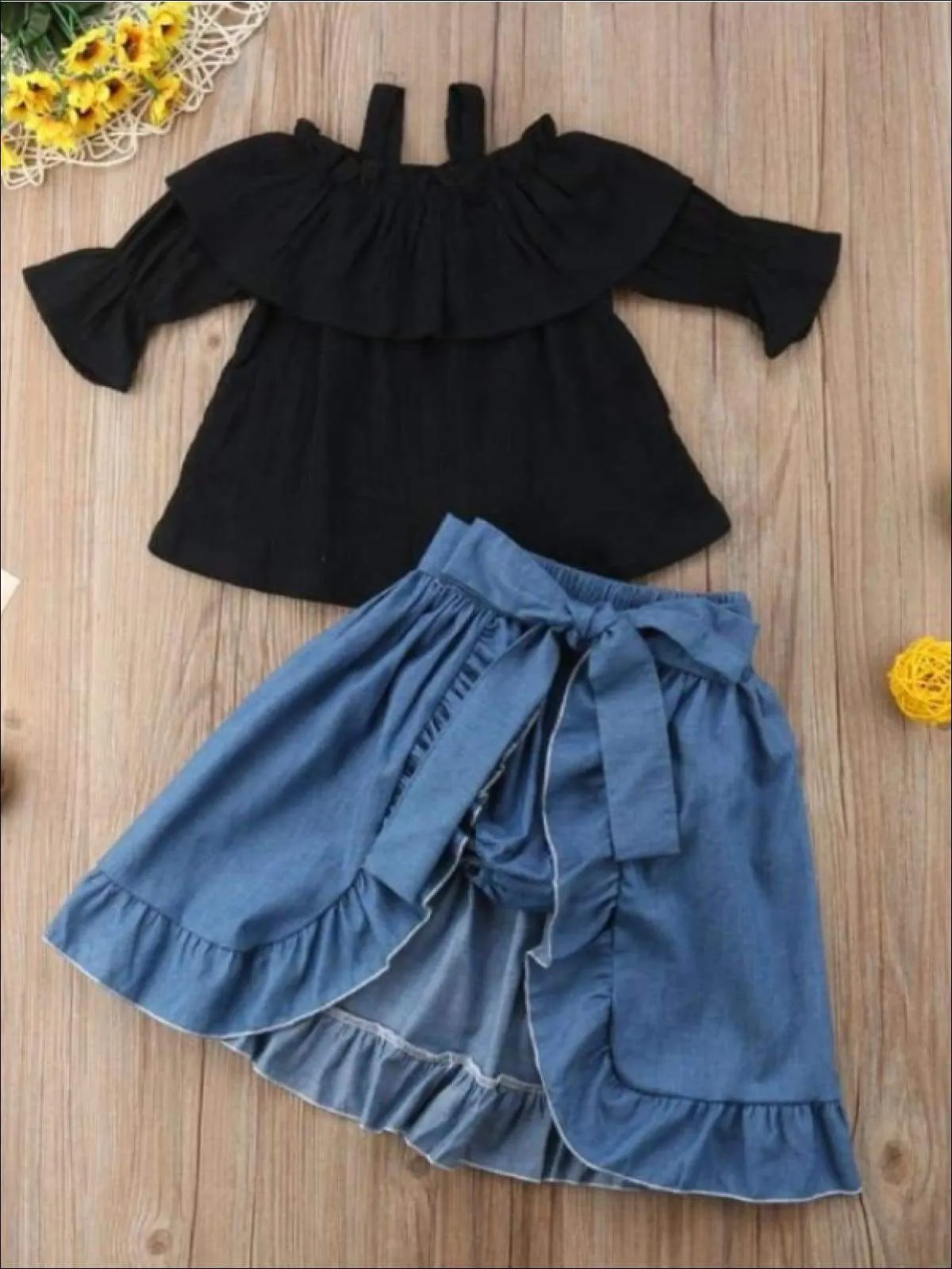 Girls Black Off The Shoulder Top With Denim Shorts and Ruffled Skirt Overlay 3 Piece Set