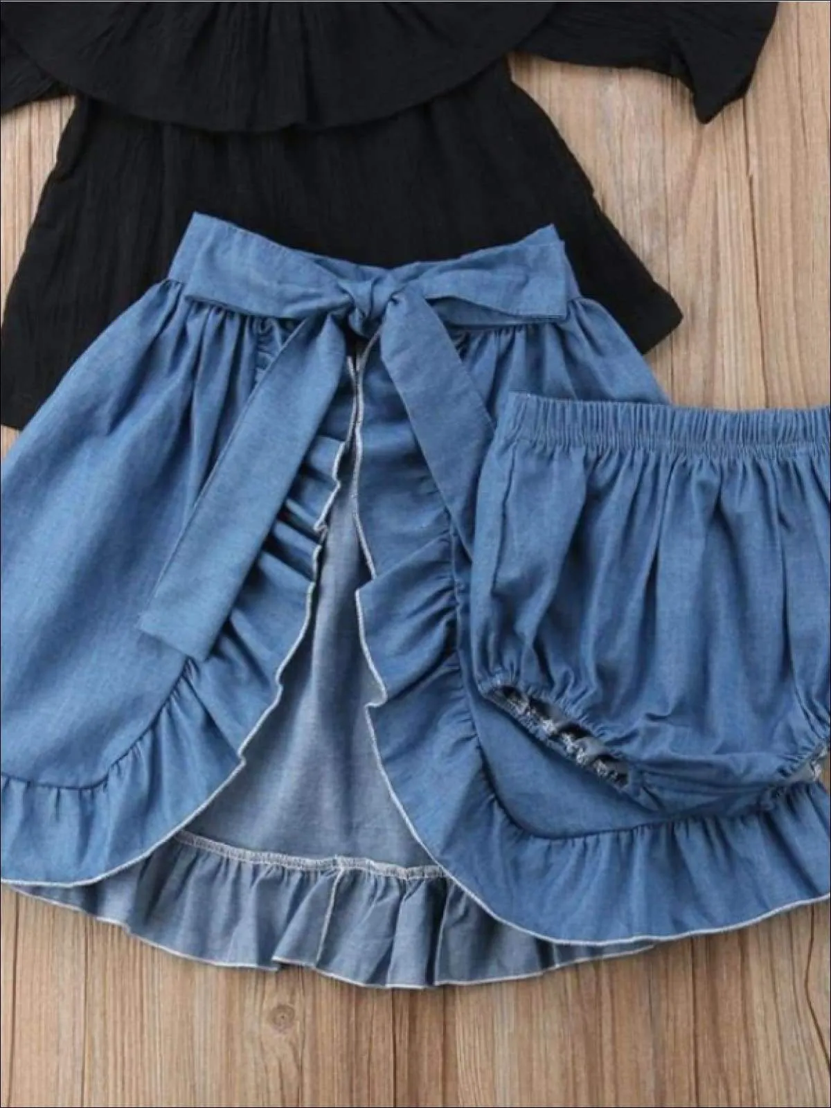 Girls Black Off The Shoulder Top With Denim Shorts and Ruffled Skirt Overlay 3 Piece Set