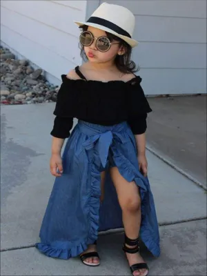 Girls Black Off The Shoulder Top With Denim Shorts and Ruffled Skirt Overlay 3 Piece Set