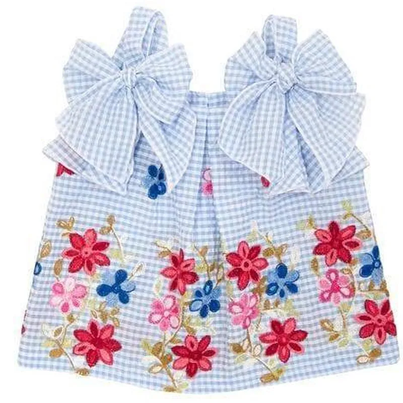 Girls Blue Gingham Embroidered Blouse