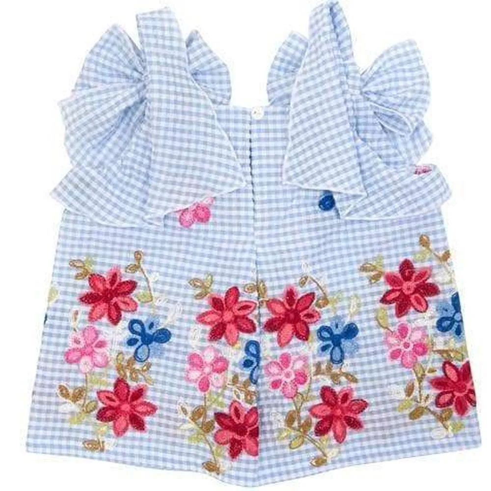 Girls Blue Gingham Embroidered Blouse