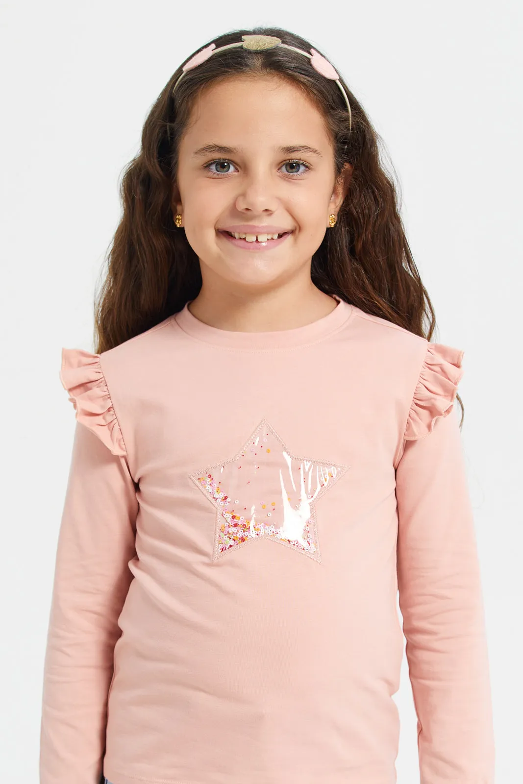 Girls Pink Star Embellished T-Shirt