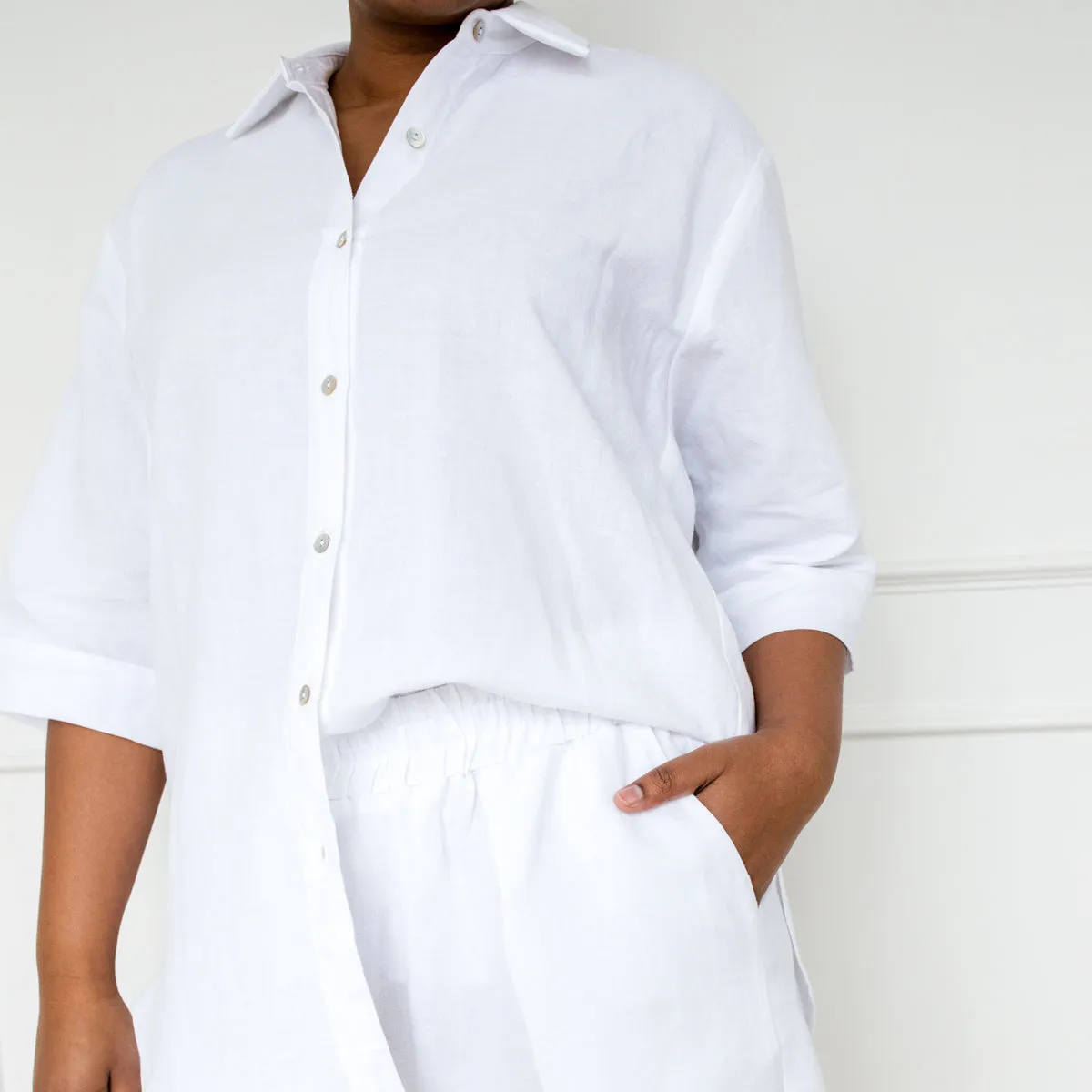 Grace cotton linen short-sleeve shirt - white