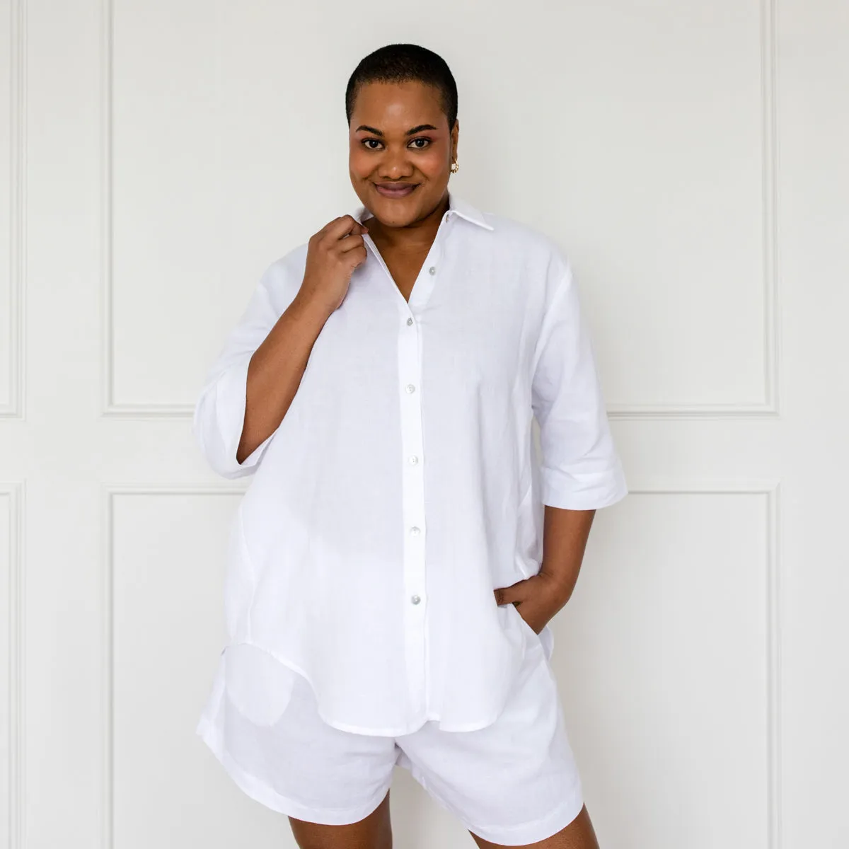 Grace cotton linen short-sleeve shirt - white