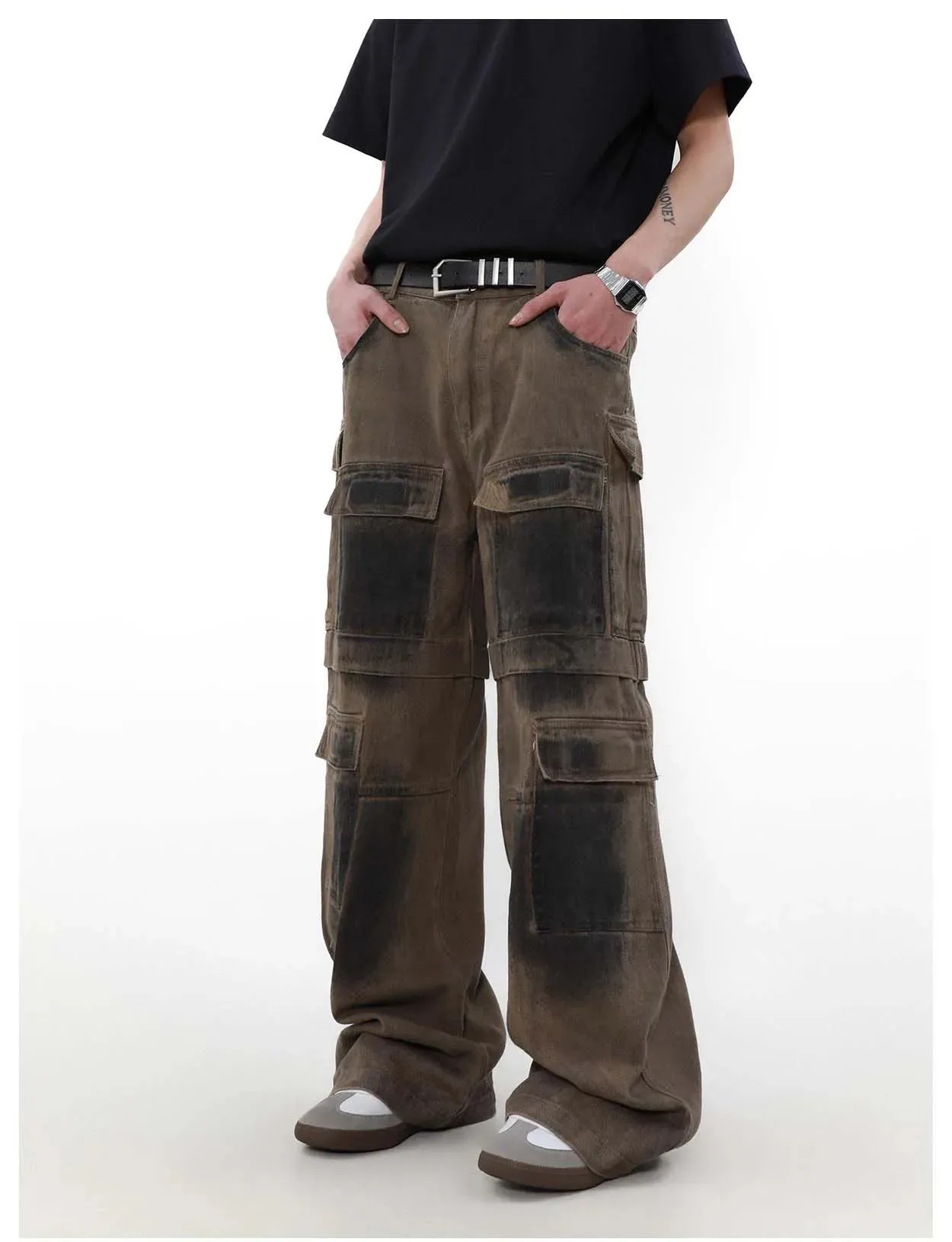 Heavy Industry Spray Paint Distressed Baggy Jeans with Loose Cargo Pants