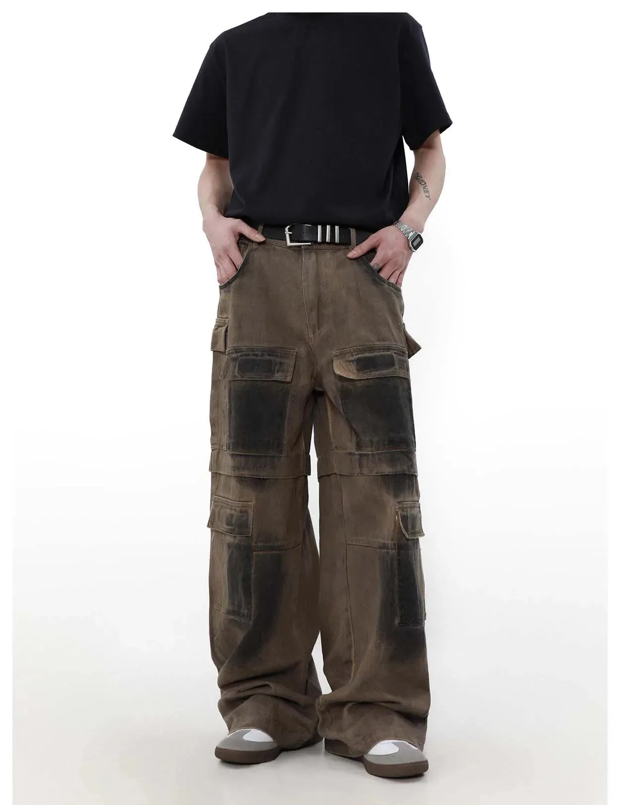 Heavy Industry Spray Paint Distressed Baggy Jeans with Loose Cargo Pants