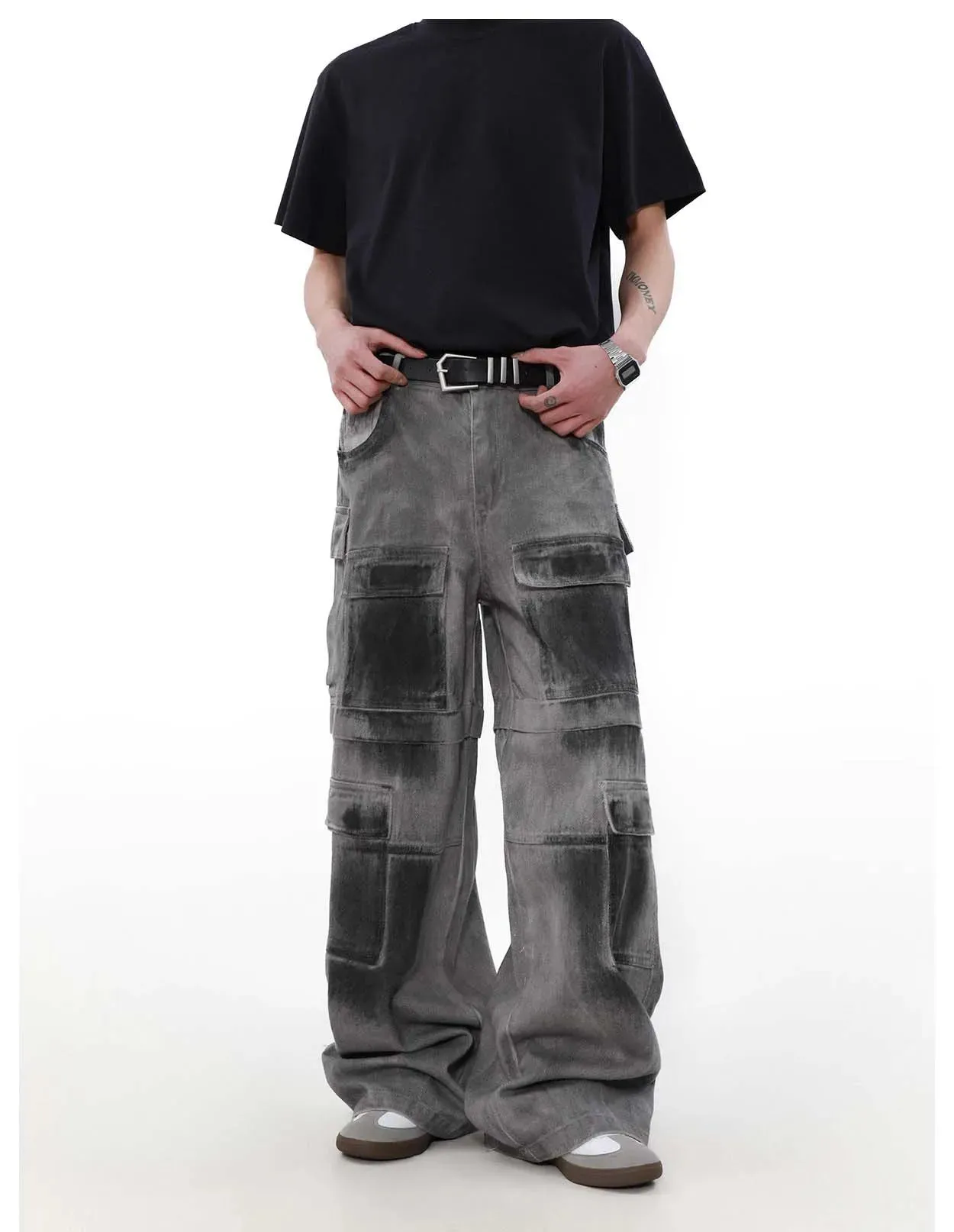 Heavy Industry Spray Paint Distressed Baggy Jeans with Loose Cargo Pants