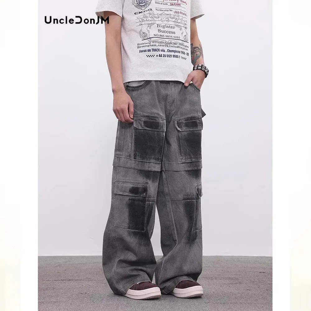 Heavy Industry Spray Paint Distressed Baggy Jeans with Loose Cargo Pants