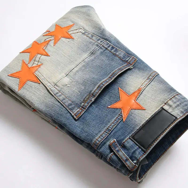 High Street Orange Star Embroidery Jeans^