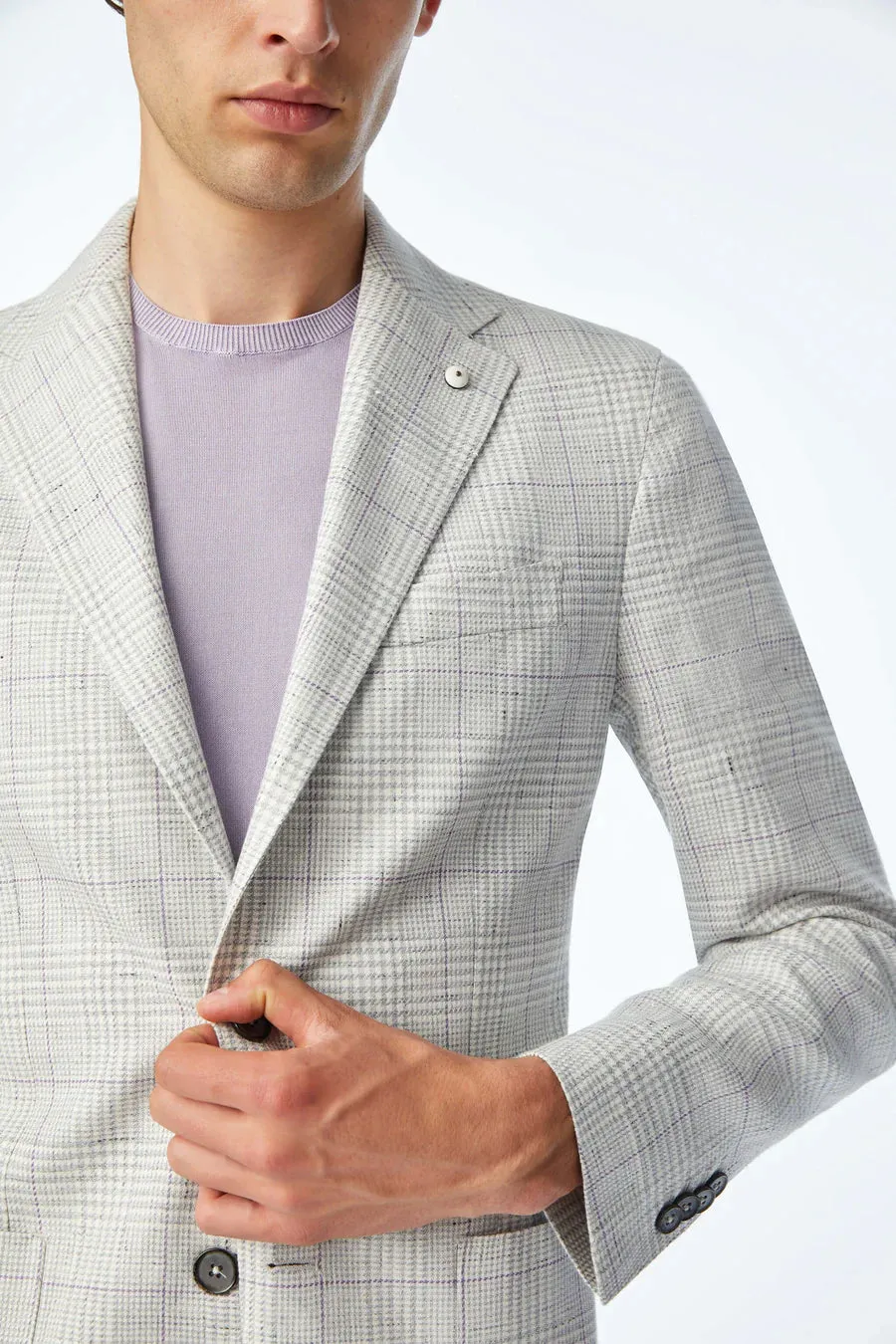 Light Gray Prince of Wales Linen-Cotton Contemporary Fit Sport Jacket - L.B.M 1911