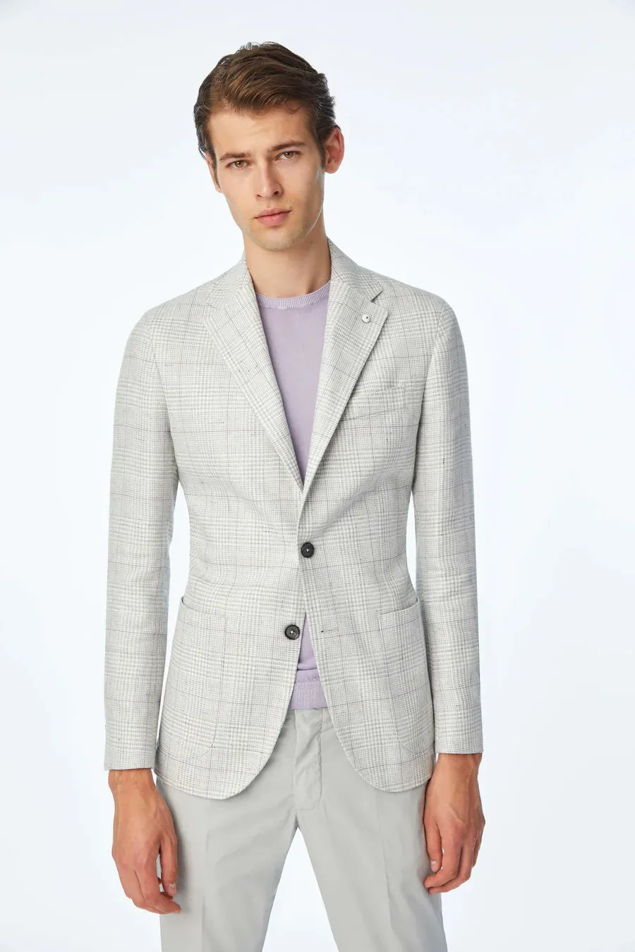 Light Gray Prince of Wales Linen-Cotton Contemporary Fit Sport Jacket - L.B.M 1911