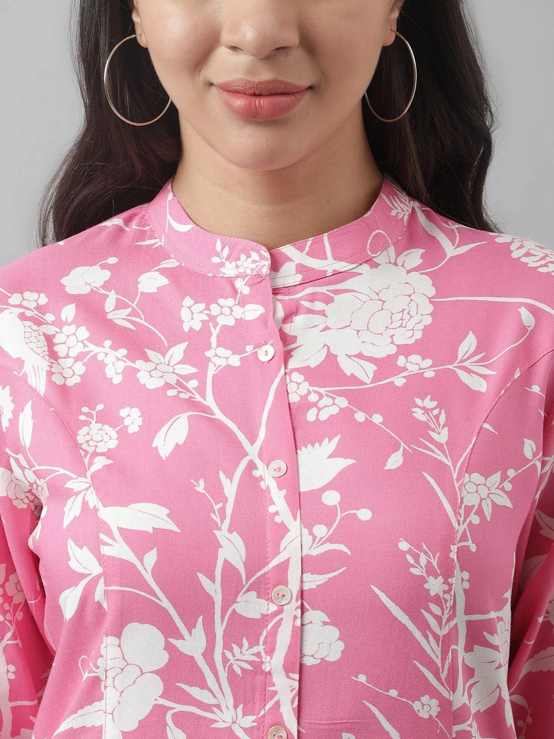 Light Pink Floral Printed Rayon A-Line Shirt Style Top