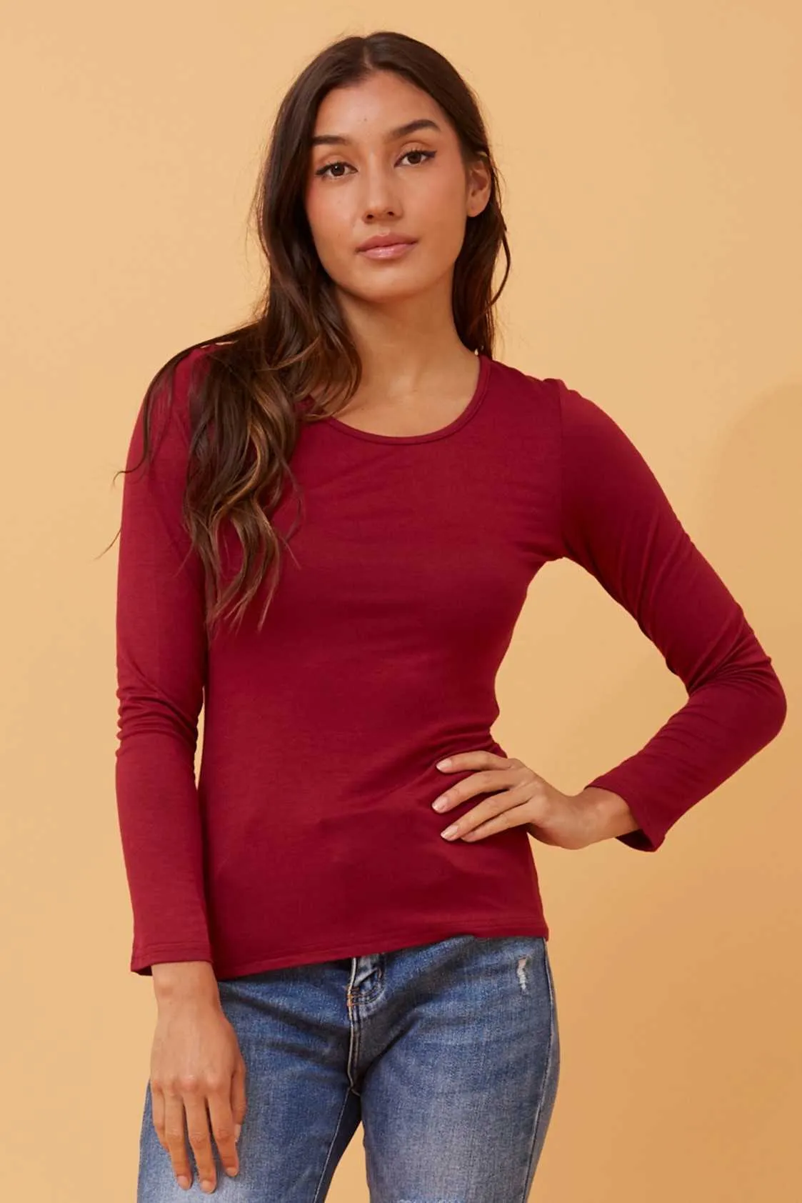 Long Sleeve Fitted Top - Burgundy