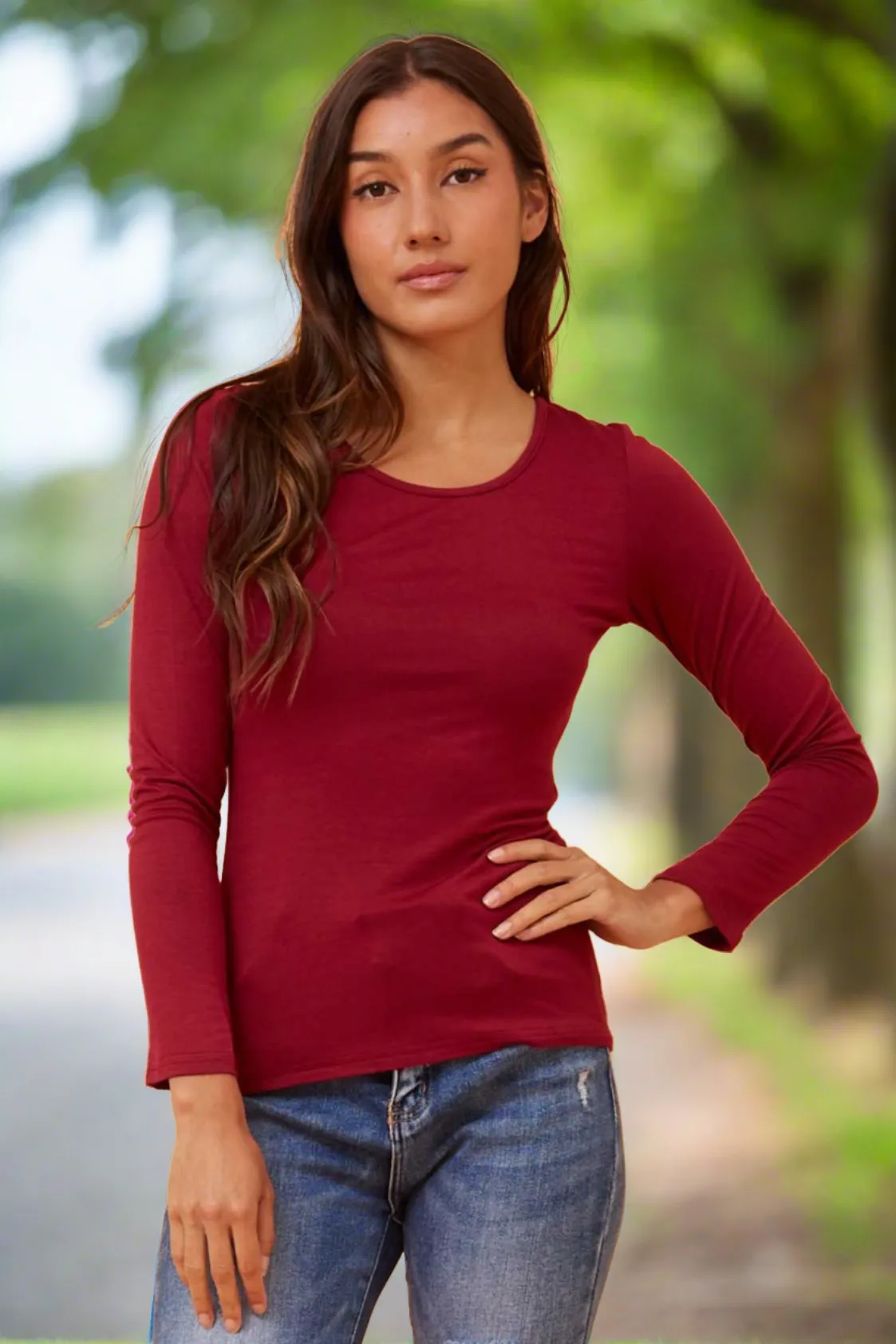 Long Sleeve Fitted Top - Burgundy