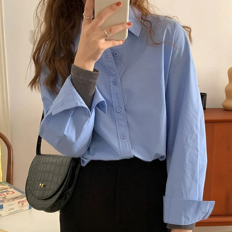 Loose Chic Blue Women's Shirts Drop Sleeves Polo Neck Simple Fashion Office Ladies Single Breasted Basic Female Shirts