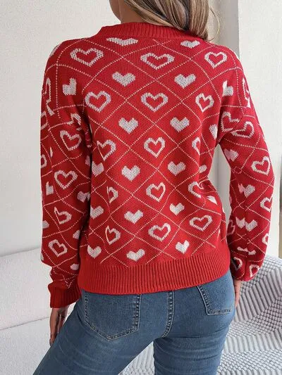 Mabel Heart Pattern V-Neck Long Sleeve Graphic Sweater | 3 Colors | Poundton