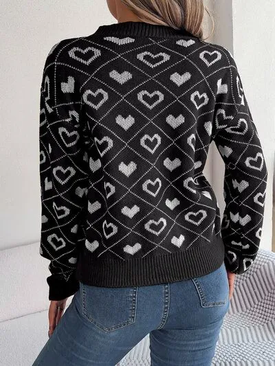 Mabel Heart Pattern V-Neck Long Sleeve Graphic Sweater | 3 Colors | Poundton