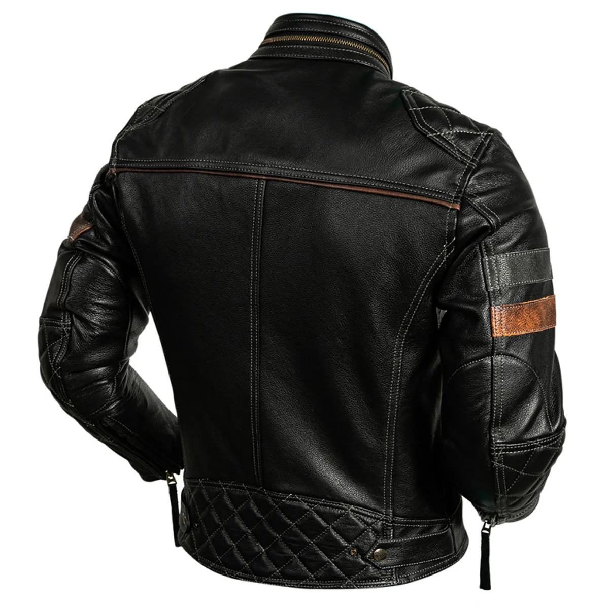 Men’s Black Biker Genuine Cowhide Stand Collar Multi-Zippers Moto Rider Classic Leather Jacket