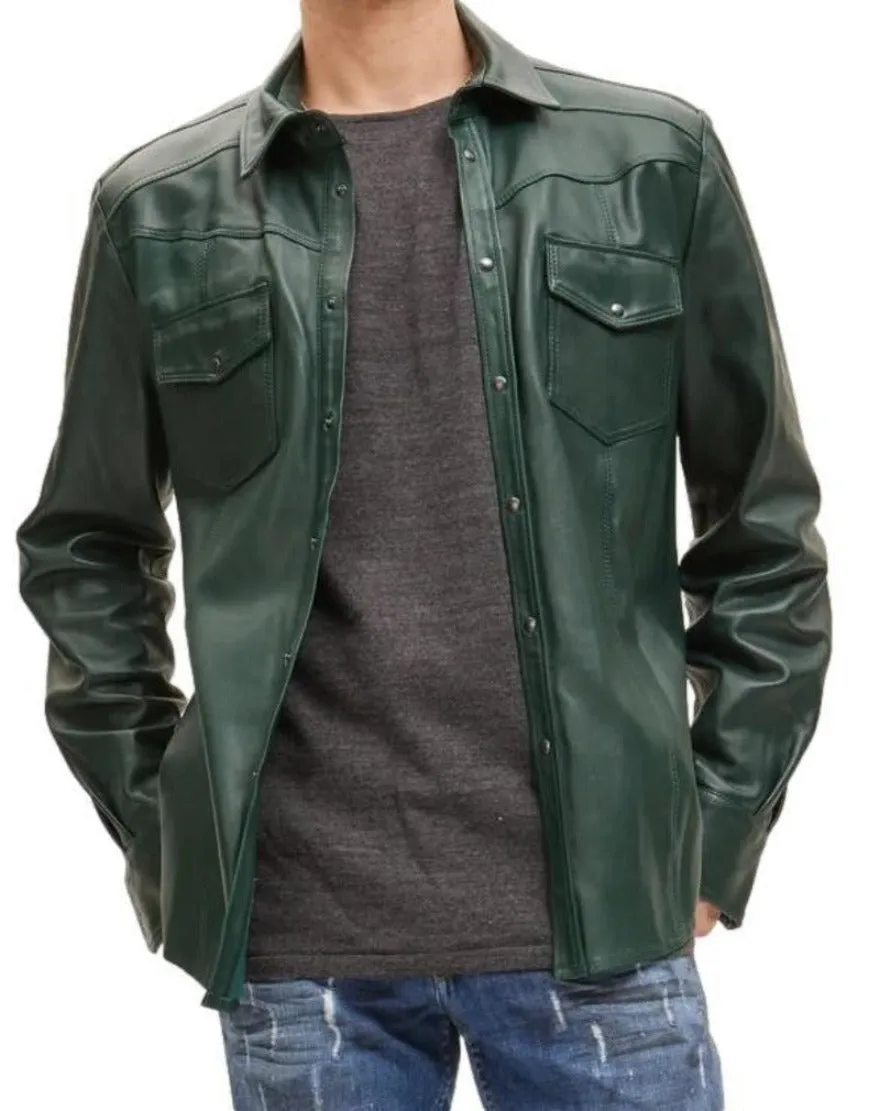 Mens Green Leather Shirt