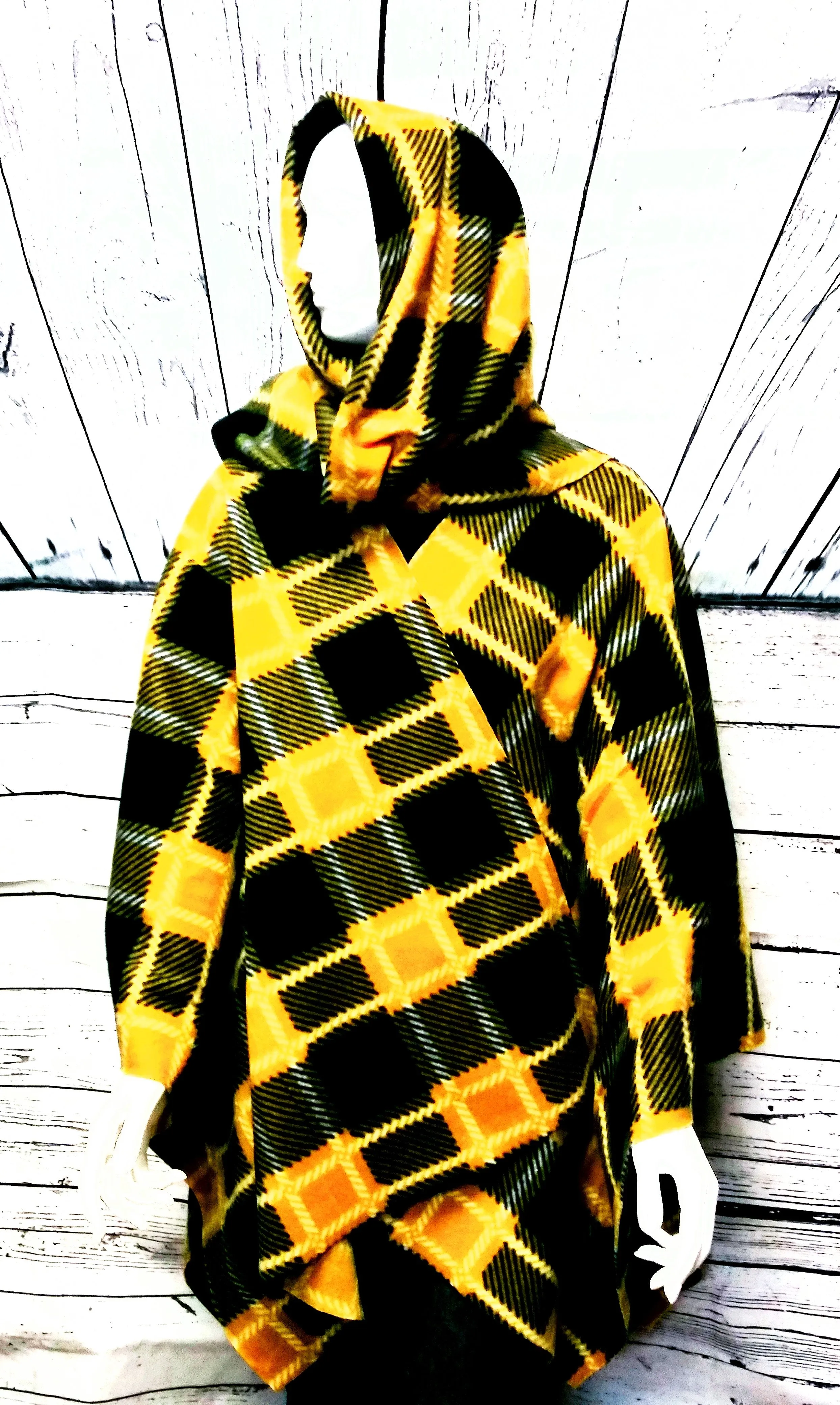 Plaid Fleece Wrap Open Front Poncho Cape Shawl with Matching Scarf