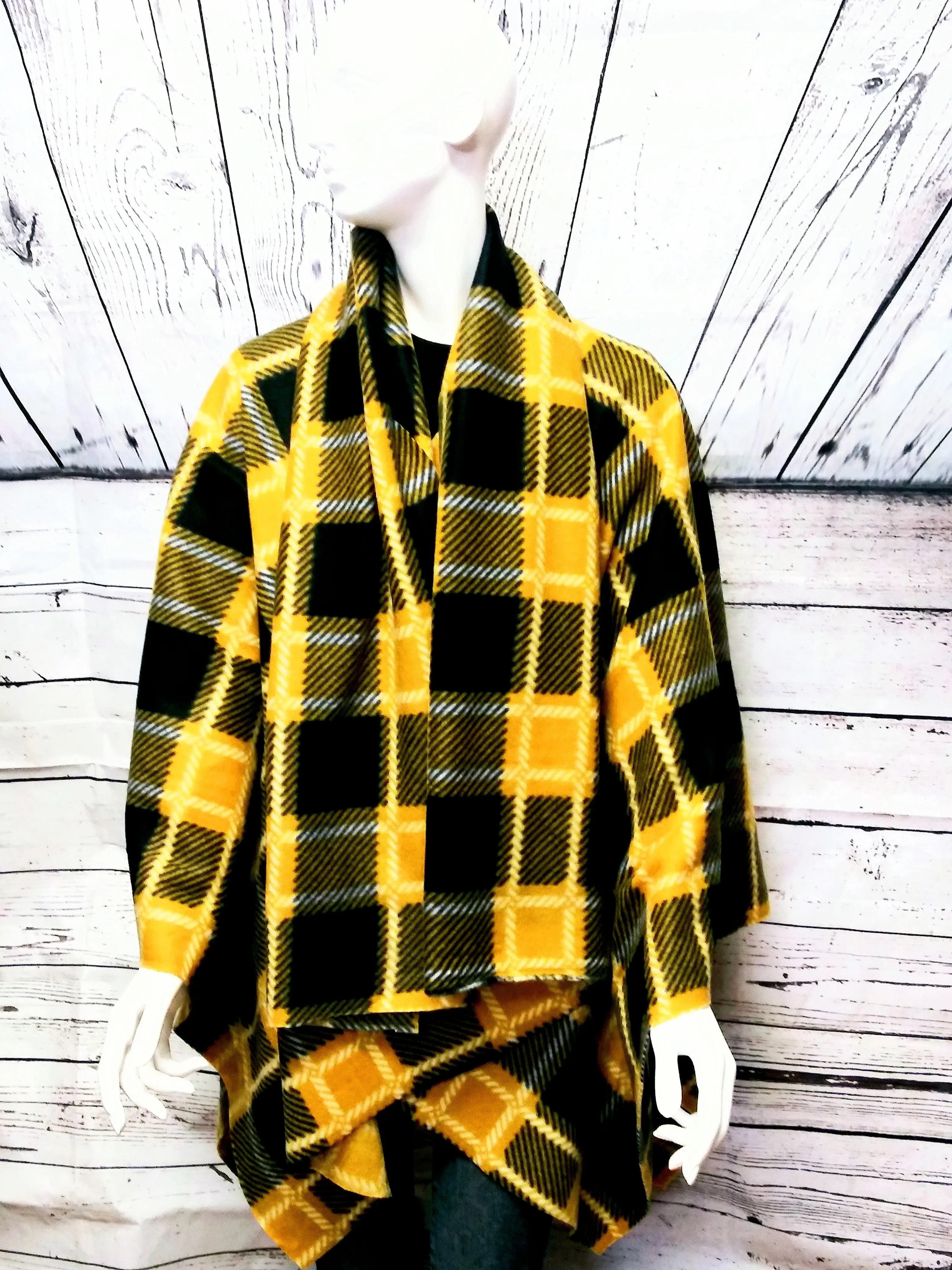 Plaid Fleece Wrap Open Front Poncho Cape Shawl with Matching Scarf