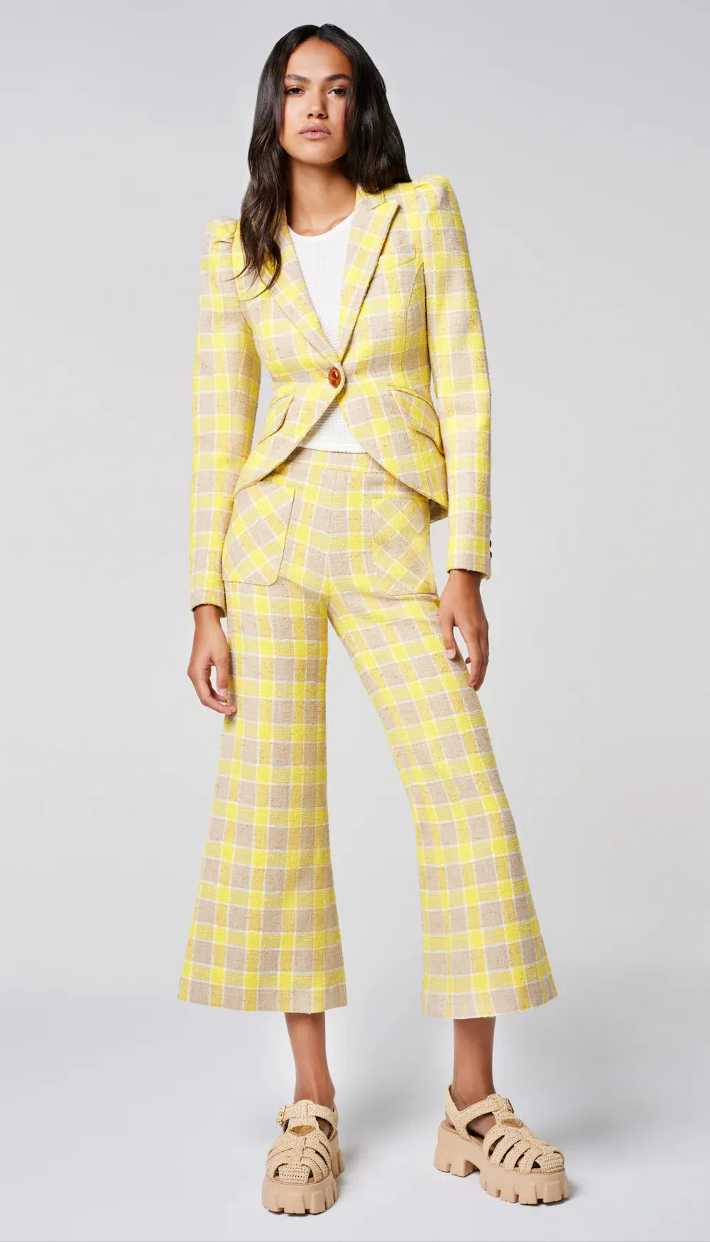 Pouf Sleeve One Button Blazer - Yellow Check