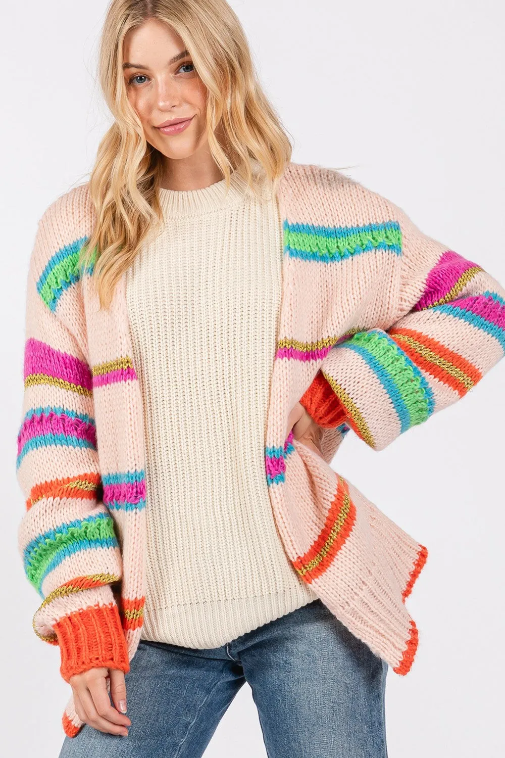 SAGE   FIG Rainbow Striped Open Front Knit Cardigan