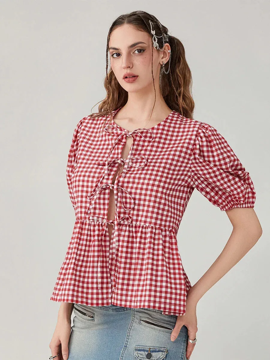 Sleeve Round Neck Loose Vintage Tops Basics Chic Plaid Print Puff Blouse