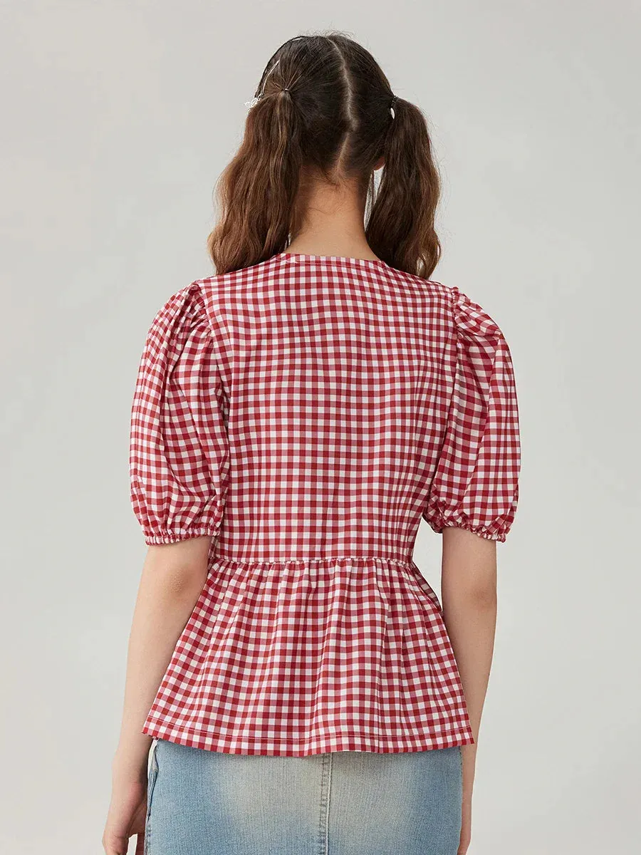 Sleeve Round Neck Loose Vintage Tops Basics Chic Plaid Print Puff Blouse