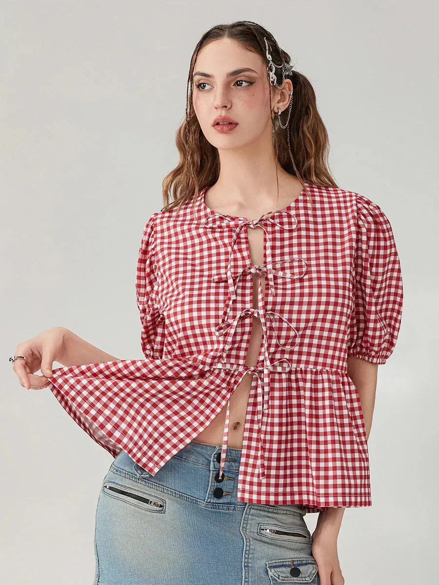 Sleeve Round Neck Loose Vintage Tops Basics Chic Plaid Print Puff Blouse