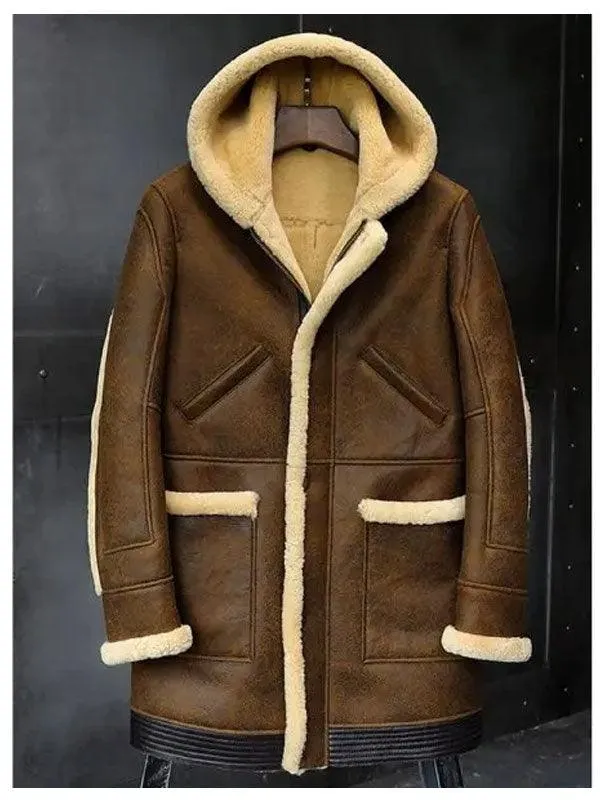 Stylish and Warm Hooded Sheepskin Shearling Leather Jacket