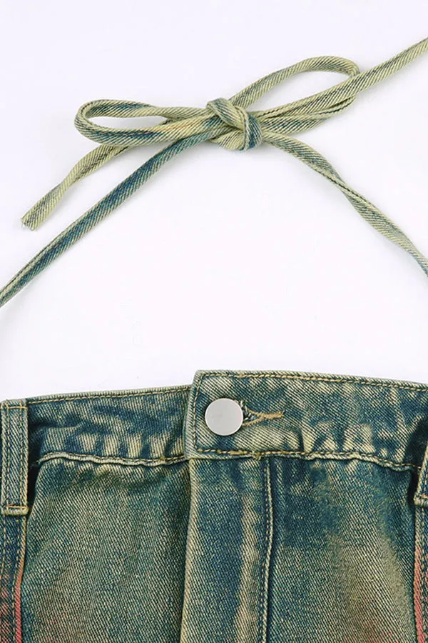 Stylish Halter Acid Wash Denim Top