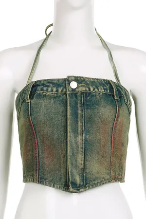 Stylish Halter Acid Wash Denim Top