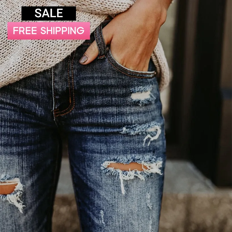 Trendy Peek A Boo Hole Denim High Waist Jeans